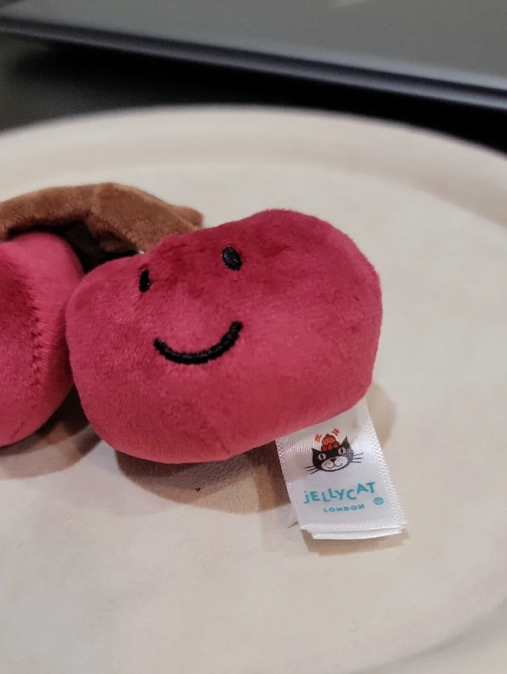 Jellycat Plush Cherry Keyring in Deep Red with Brown Stem